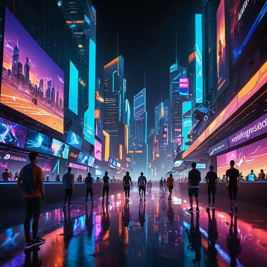 A futuristic cityscape featuring digital sports arenas, with holographic displays of athletes in action. The scene includes diverse people engaging in VR sports experiences, surrounded by cutting-edge technology and vivid neon lights. A clear sky transitions into a digital sunset, symbolizing innovation and progress. super-realistic. vibrant colors. cyberpunk.