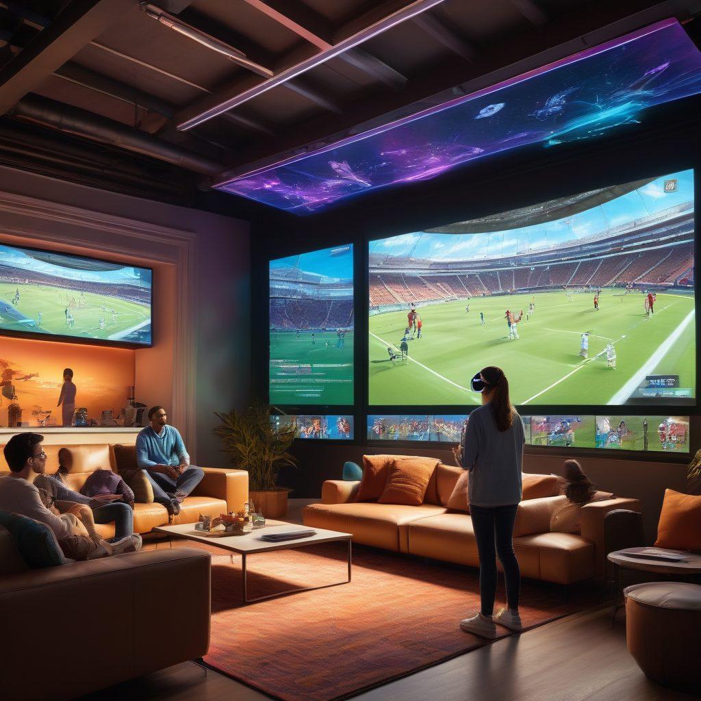 A futuristic sports streaming scenario featuring diverse people watching live games on holographic screens in various locations, including a park, a rooftop, and a cozy living room. Elements such as a digital scoreboard, virtual reality goggles, and multiple sports visuals filling the screens create a dynamic atmosphere. This vibrant scene encapsulates the excitement of live sports accessible from anywhere. futuristic. vibrant colors. 3D.