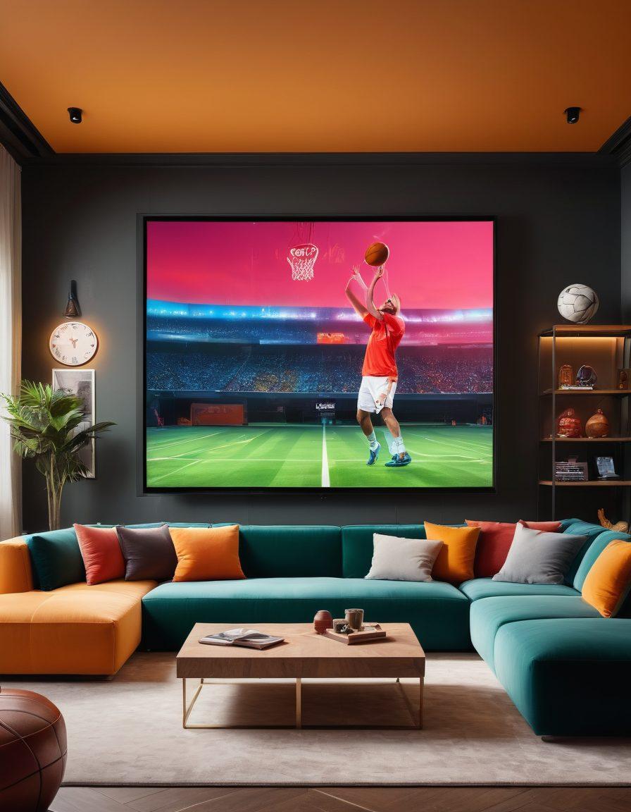 A dynamic and engaging scene showcasing multiple sports streaming services, featuring vibrant screens displaying various sports like football, basketball, and tennis. The background should hint at a modern living room environment with cozy furniture and high-tech gadgets, creating a sense of excitement and accessibility. Include streaming icons and logos subtly integrated into the design to represent premium services. A vibrant color palette should enhance the energy of the image. super-realistic. vibrant colors. cozy interior.
